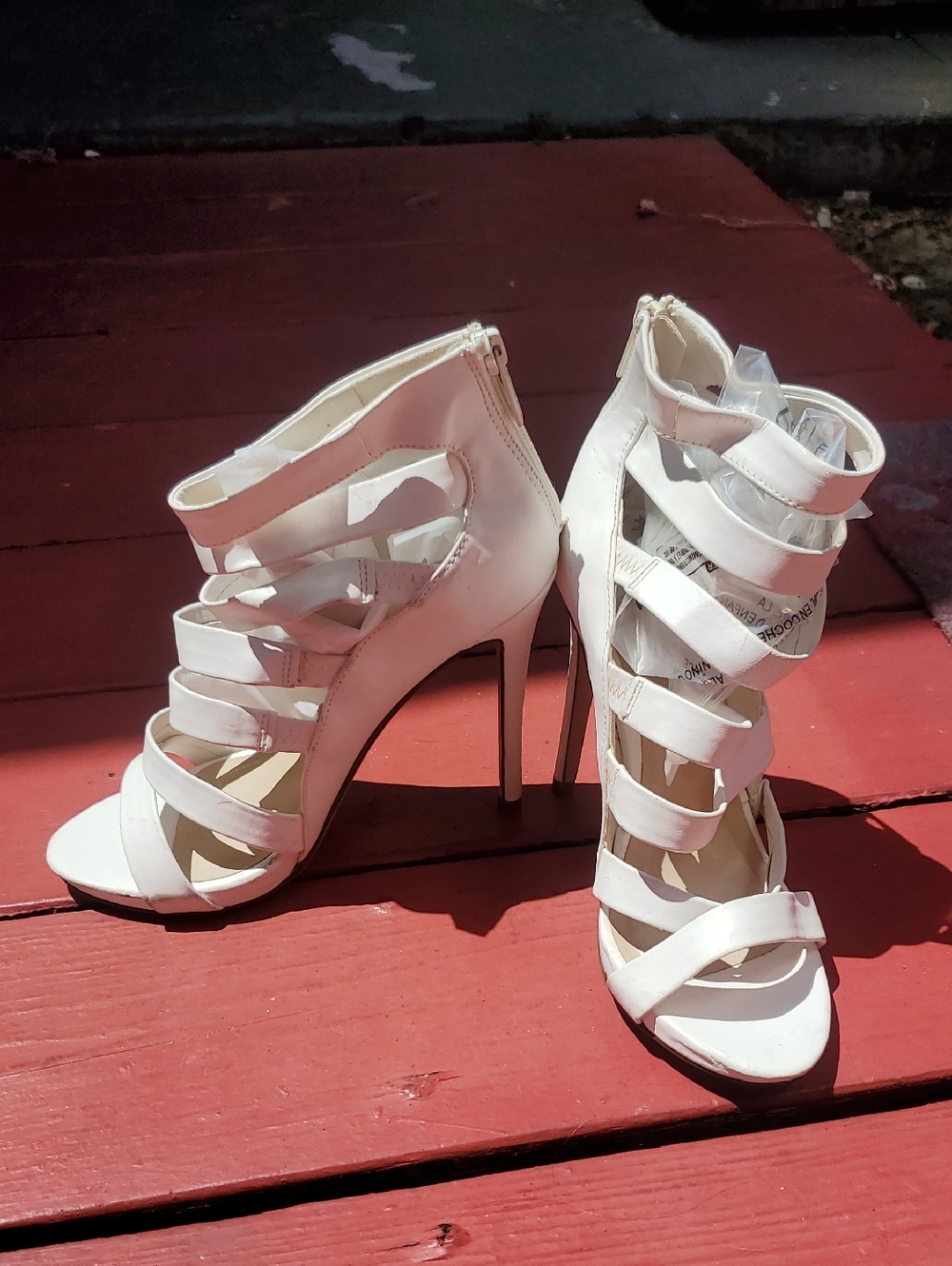 Women's White Strappy High Heel Sandals, Slightly Flawed (See Photo).